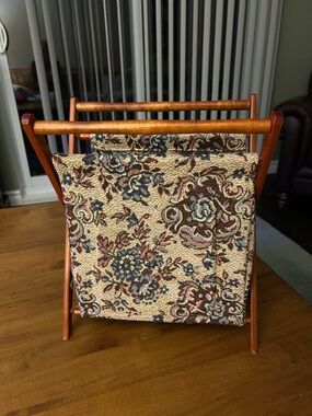 Vintage Floral Tapestry Sewing Basket with Wooden Frame